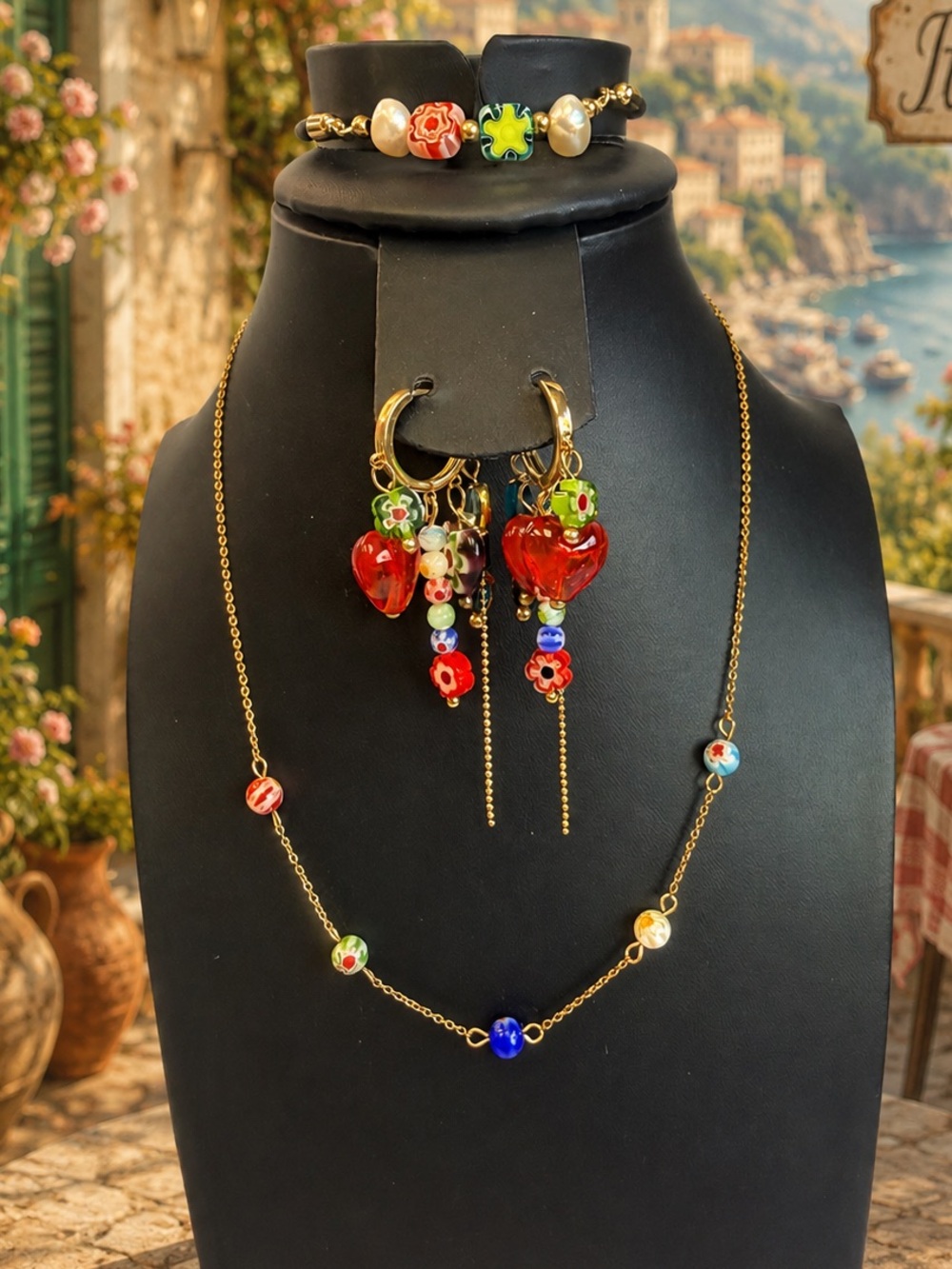 Millefiori & Red Heart Glass Necklace, Bracelet & Earrings